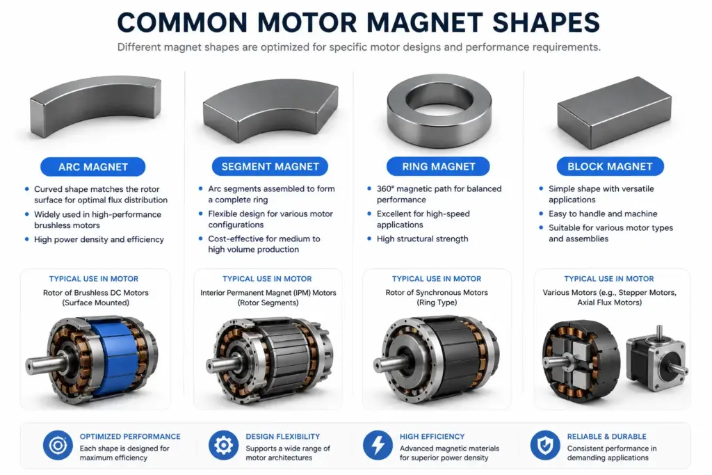 Common permanent magnet shapes used in industrial motors
