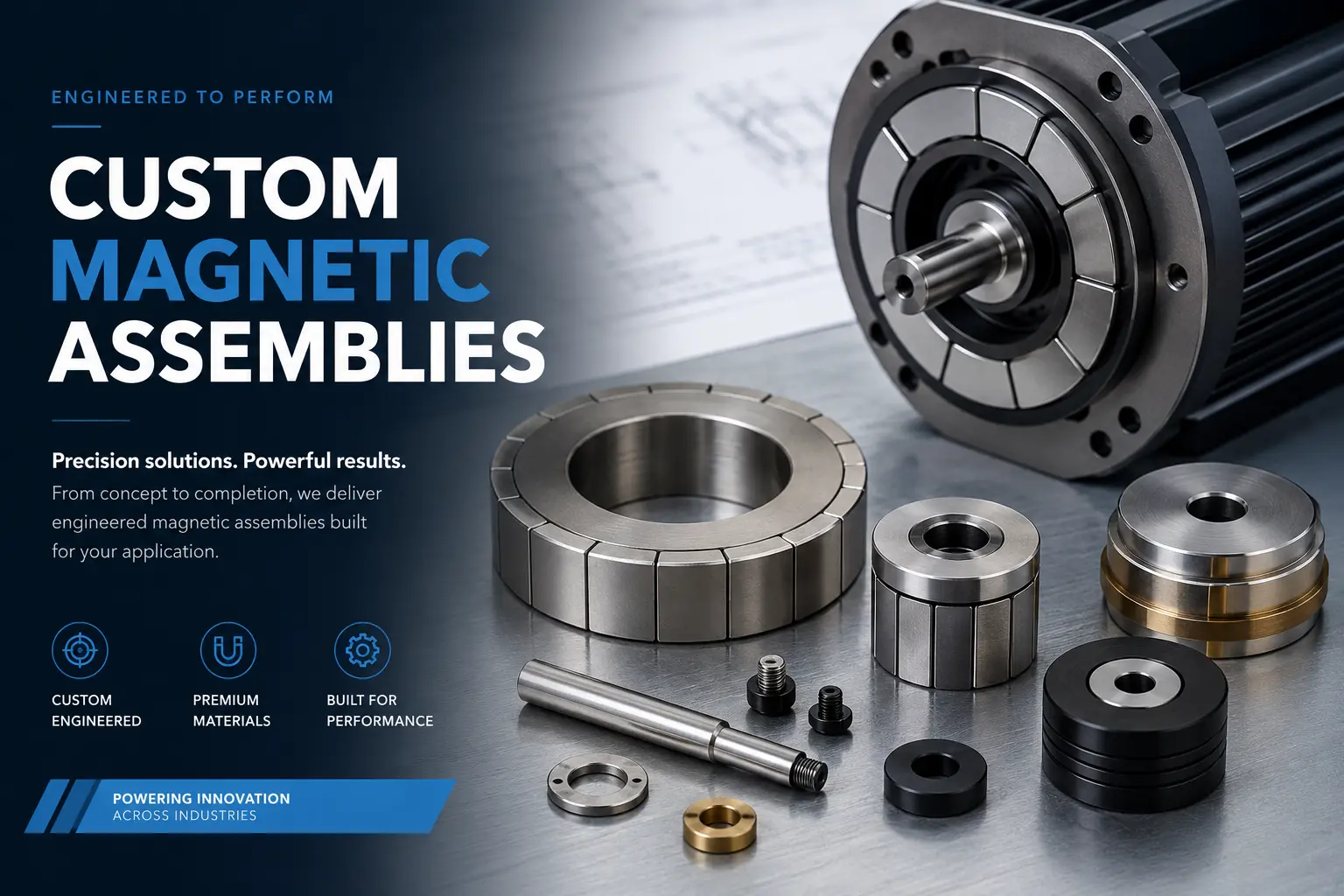 Custom magnetic assemblies displayed with industrial motor components and precision hardware parts.