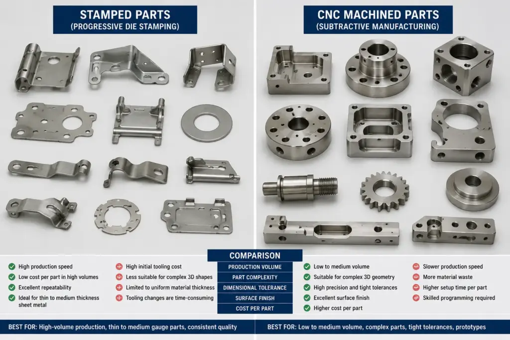 Finished stamped parts and CNC machined parts displayed together for comparison.