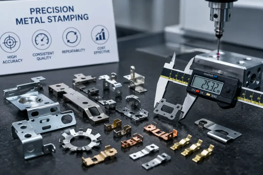 High-precision stamped metal parts demonstrating accuracy and repeatability.