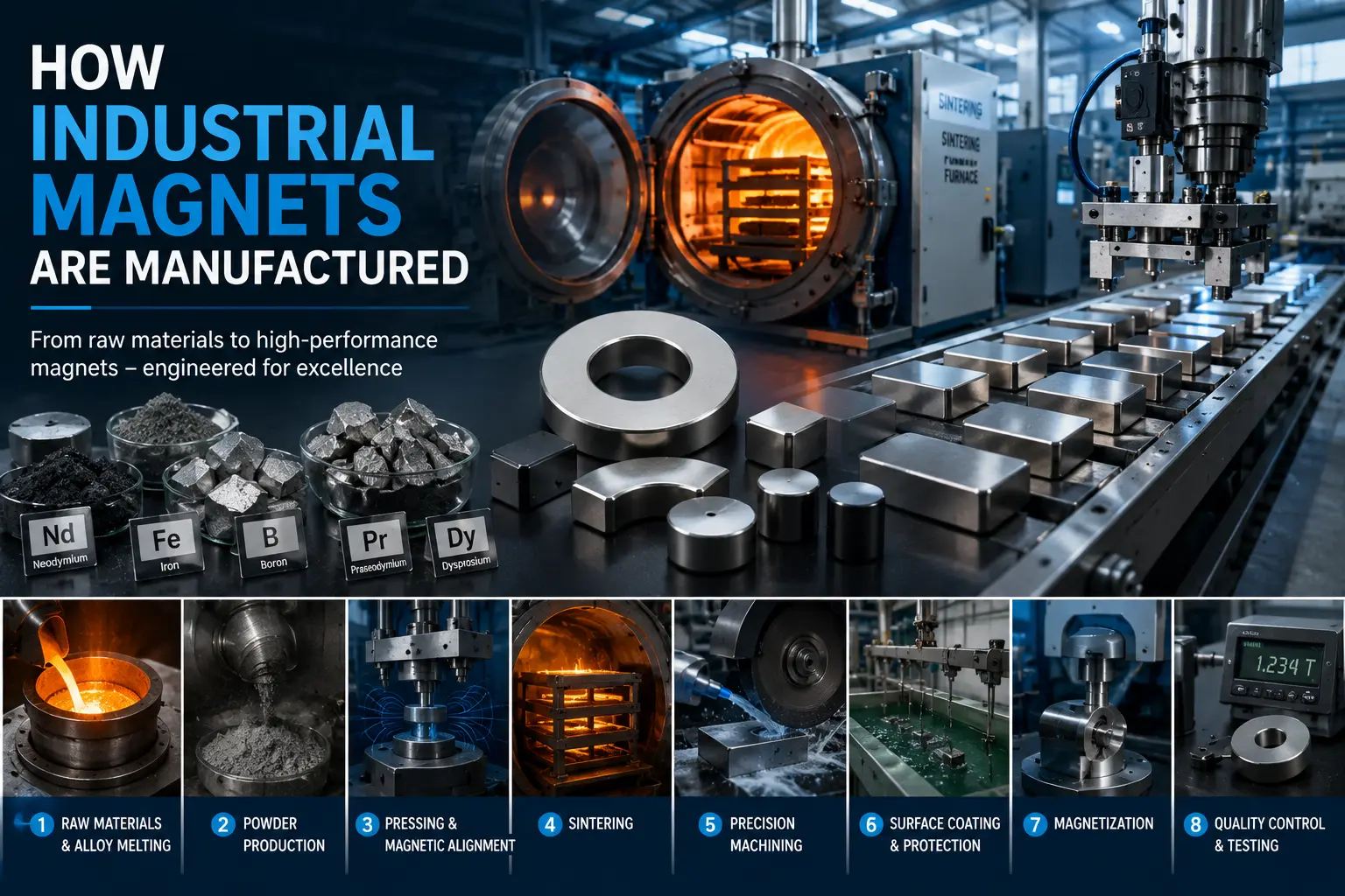 Industrial magnet manufacturing process in a modern rare-earth magnet production facility.