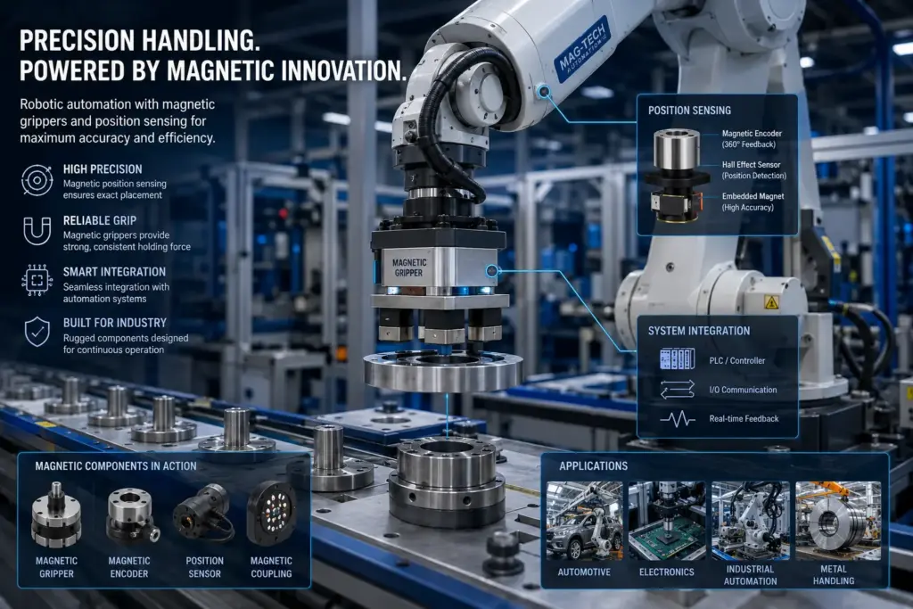 Magnetic assemblies used in robotic grippers and automated manufacturing equipment