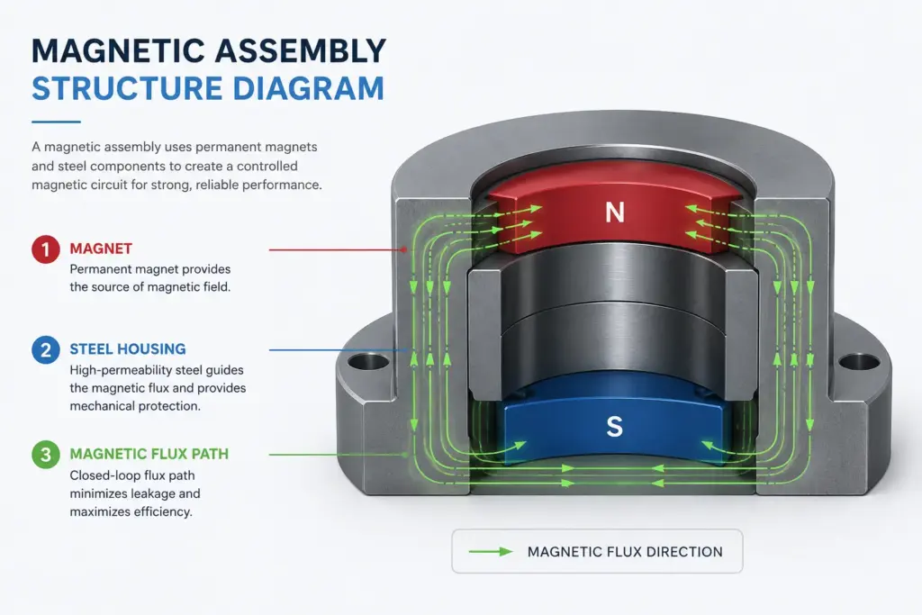 Magnetic assembly structure diagram showing magnet, steel housing, and magnetic flux path.