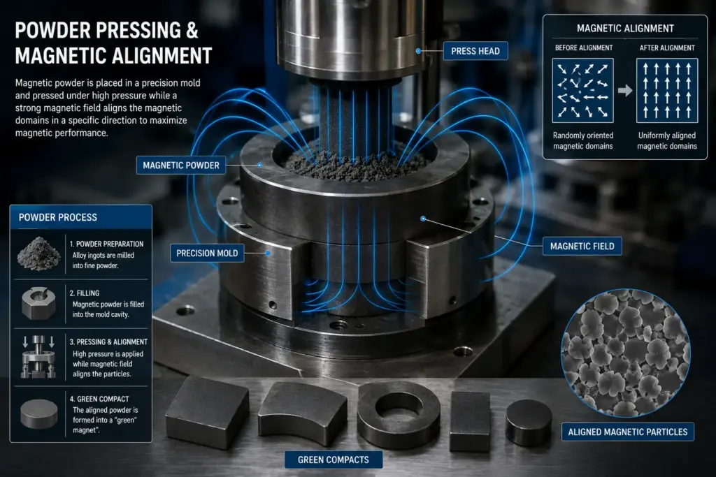 Magnetic powder alignment process during industrial magnet production.