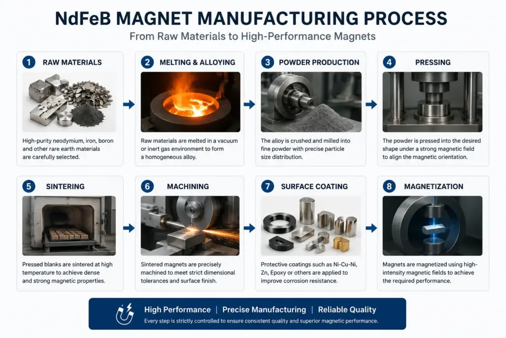 NdFeB magnet manufacturing process from raw materials to finished products