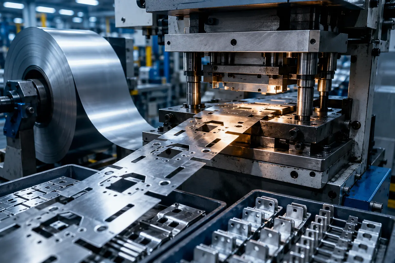 Precision metal stamping machine producing high-accuracy metal components in a modern manufacturing facility.
