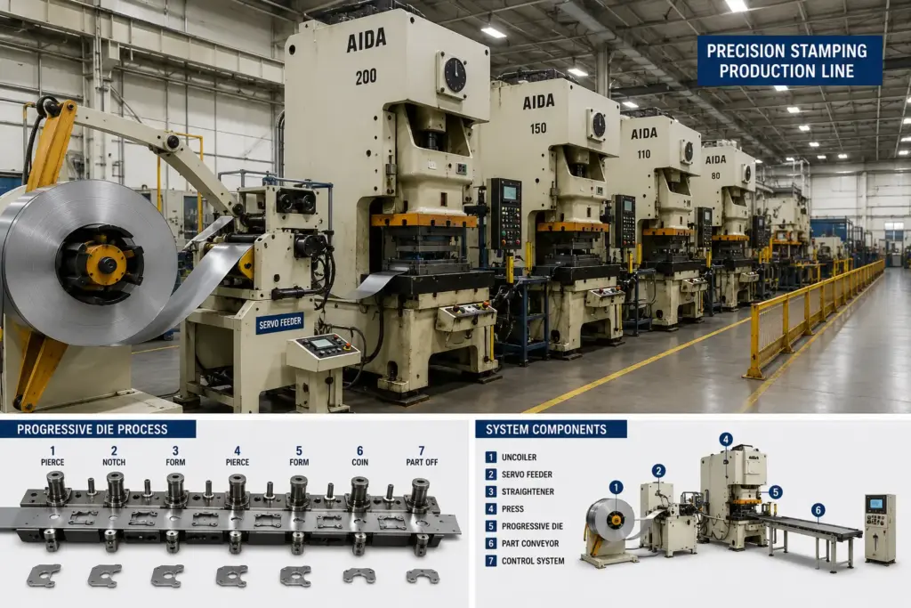 Precision stamping production line with progressive dies and sheet metal feeding system.