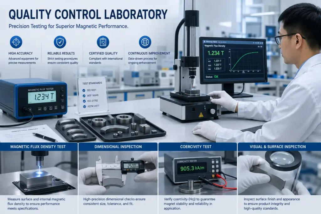 Quality control laboratory testing magnetic flux density and dimensions.