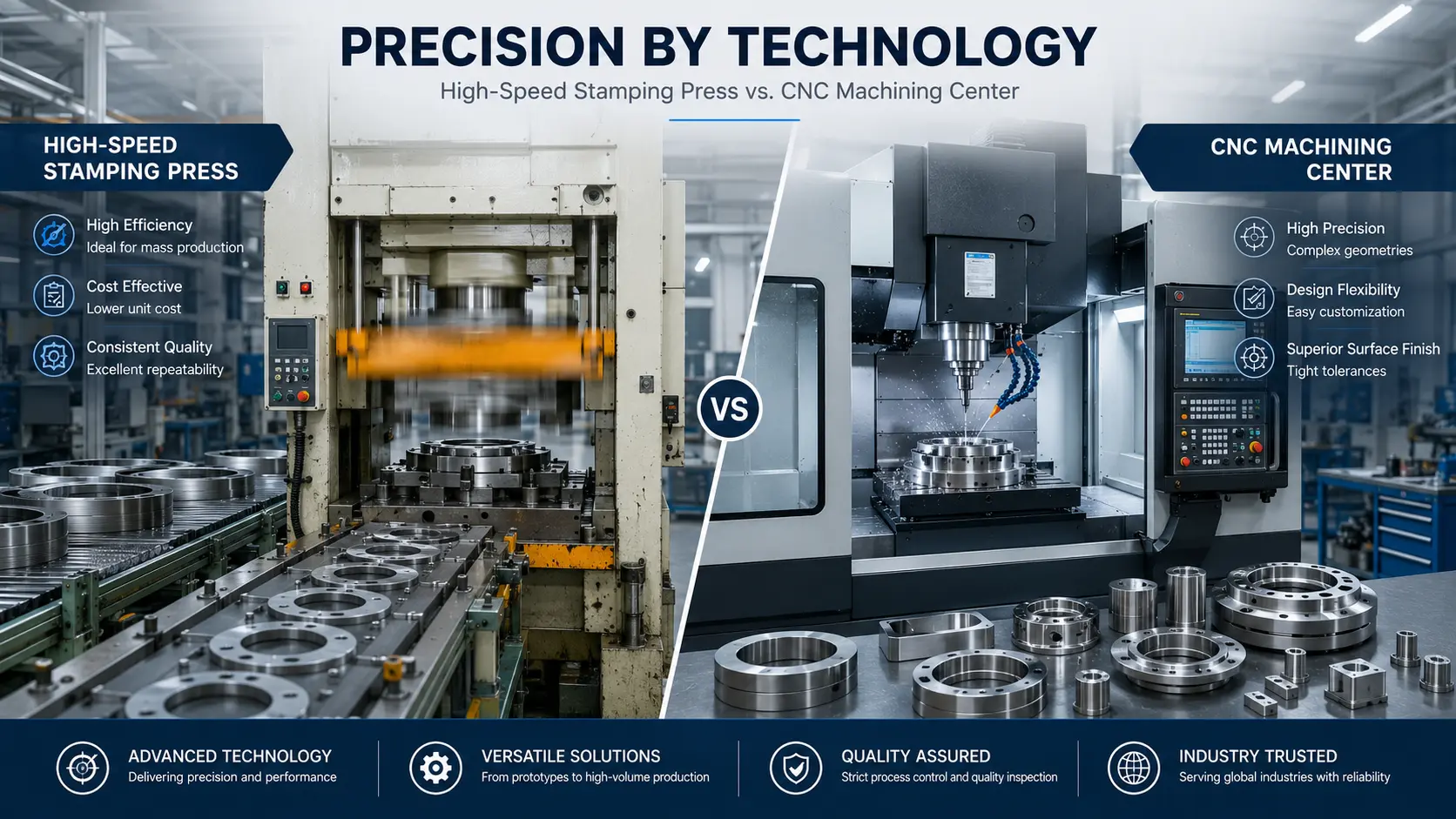 comparison of a high-speed stamping press and a modern CNC machining center