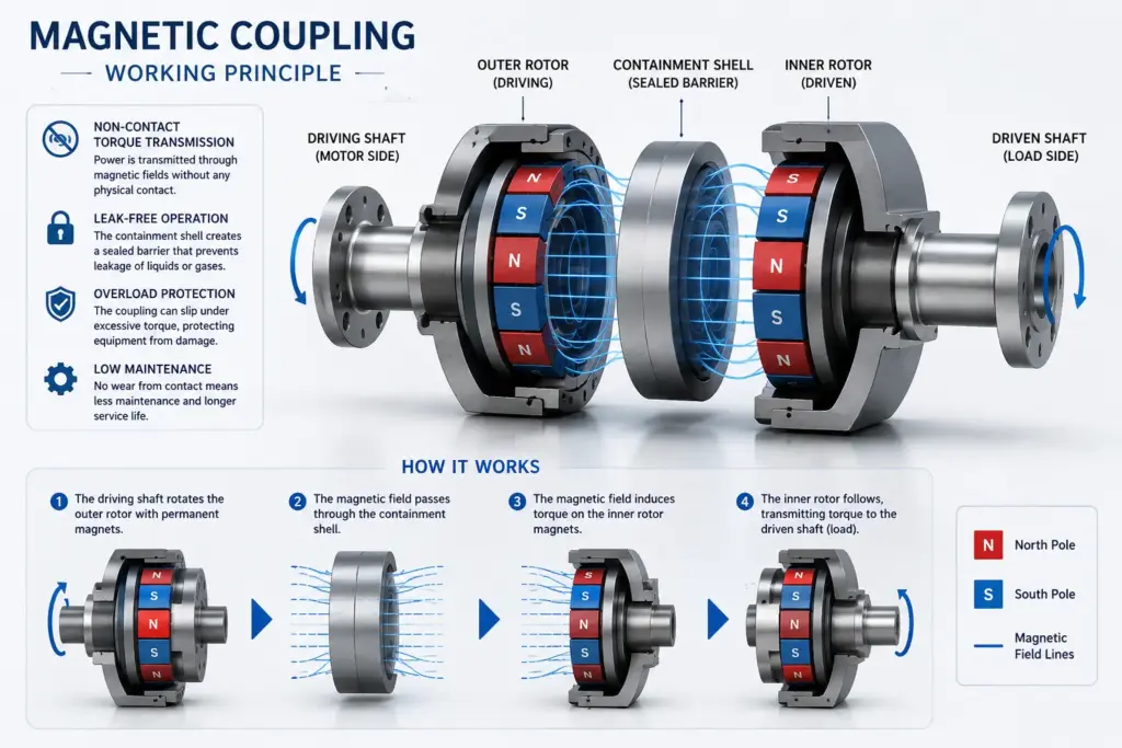 Magnetic coupling working principle with inner and outer magnet rotors