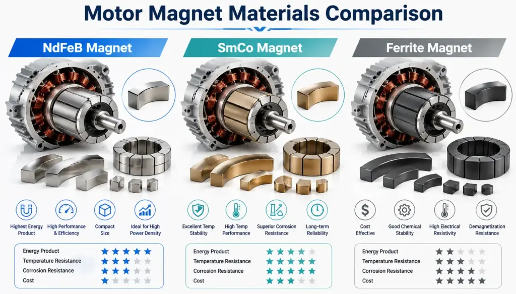 Comparison of NdFeB SmCo and Ferrite magnets used in industrial motors