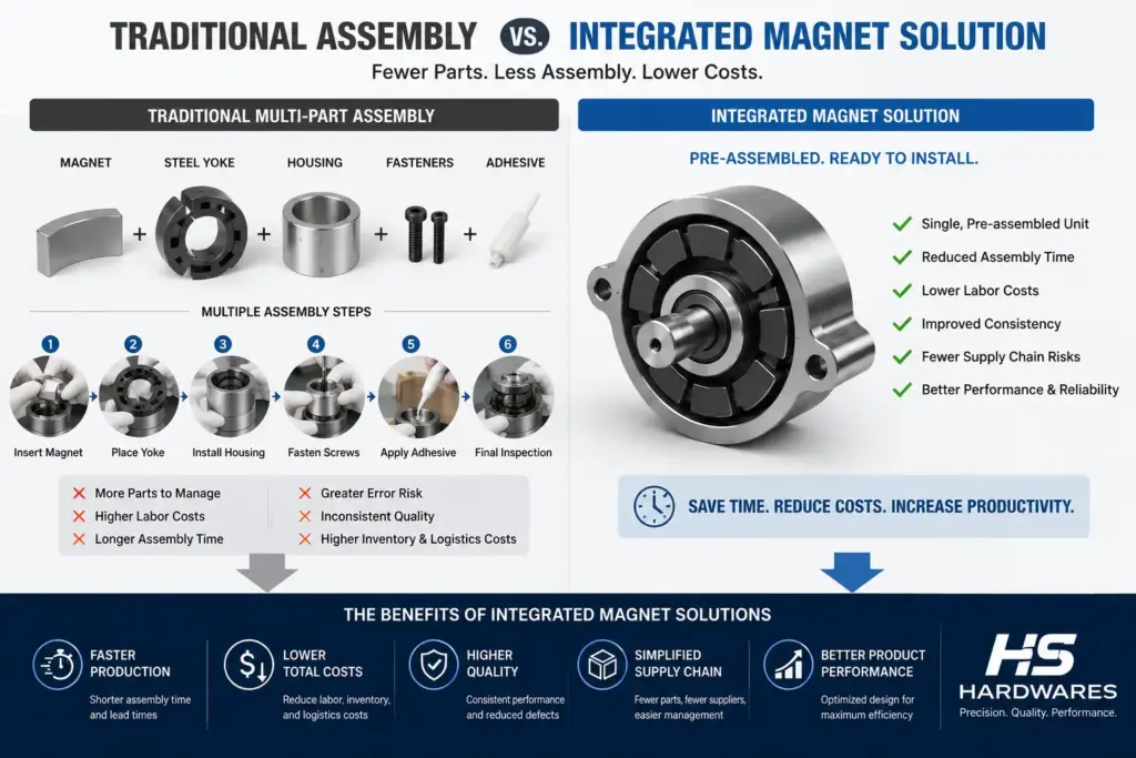 Traditional assembly vs integrated magnet solution