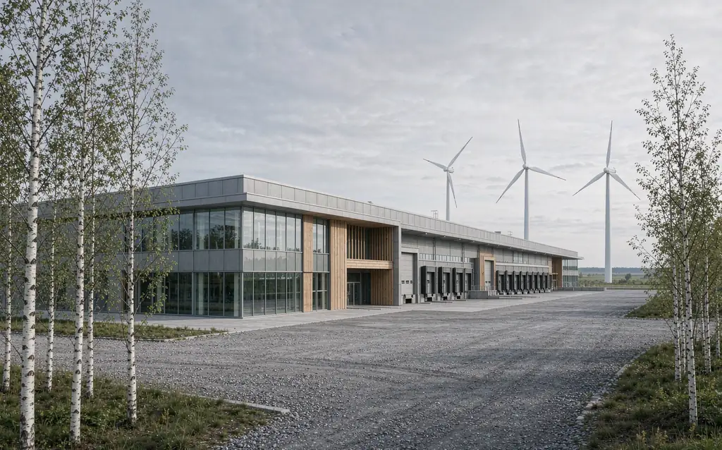 Modern European magnet manufacturing facility with wind turbines on the horizon