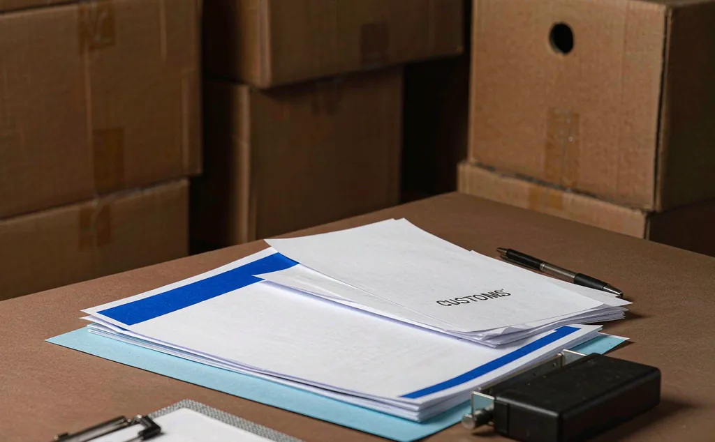 Export documents for a magnet shipment prepared on a warehouse desk